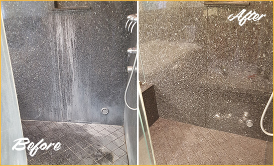 Before and After Picture of a Gilbert Granite Shower Stone Sealed to Avoid Mineral Deposits