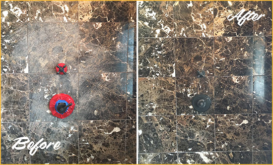 Before and After Picture of a Buckeye Marble Shower Honed to Remove Scratches
