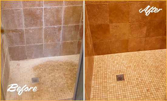 Before and After Picture of a Mesa Travertine Shower Honed to Remove Mineral Deposits