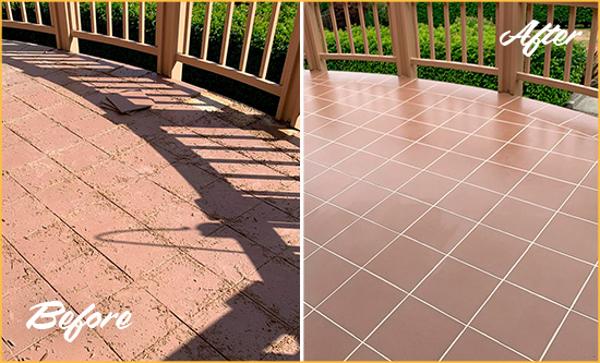 Before and After Picture of a Surprise Hard Surface Restoration Service on a Tiled Deck