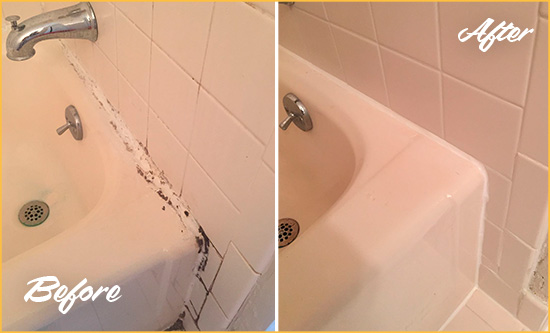 Before and After Picture of a Queen Creek Hard Surface Restoration Service on a Tile Shower to Repair Damaged Caulking