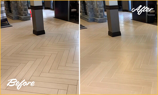 Before and After Picture of a Surprise Hard Surface Restoration Service on an Office Lobby Tile Floor to Remove Embedded Dirt