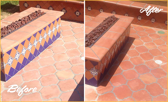 Before and After Picture of a Wickenburg Hard Surface Restoration Service on a Dull Terracotta Patio Floor to Recover Its Color
