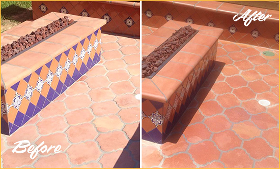 Before and After Picture of a Queen Creek Hard Surface Restoration Service on a Dull Terracotta Patio Floor to Recover Its Color