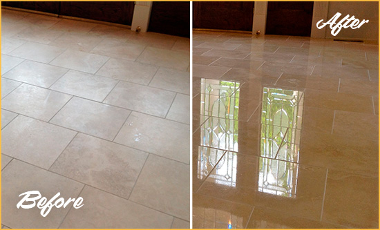 Before and After Picture of a Phoenix Hard Surface Restoration Service on a Dull Travertine Floor Polished to Recover Its Splendor