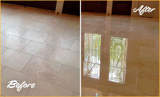 Before and After Picture of a Goodyear Hard Surface Restoration Service on a Dull Travertine Floor Polished to Recover Its Splendor