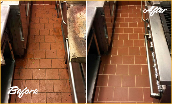 Before and After Picture of a Avondale Hard Surface Restoration Service on a Restaurant Kitchen Floor to Eliminate Soil and Grease Build-Up
