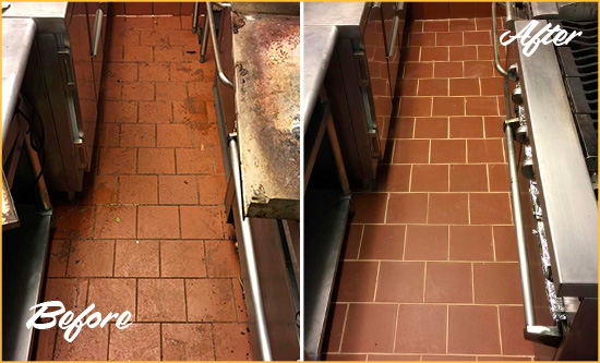 Before and After Picture of a Mesa Hard Surface Restoration Service on a Restaurant Kitchen Floor to Eliminate Soil and Grease Build-Up