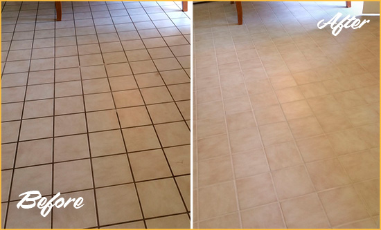 Before and After Picture of Ceramic Tile Grout Cleaned to Remove Dirt