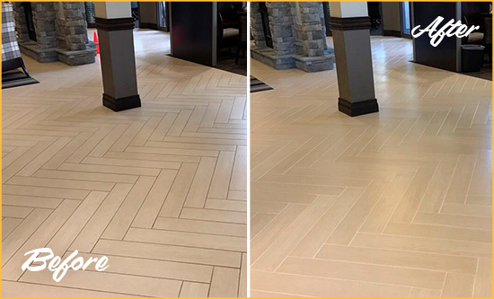 Before and After Picture of a Carefree Lobby Floor Cleaned to Even the Grout Color