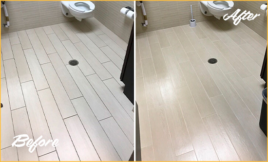 Before and After Picture of a Guadalupe Office Restroom's Grout Cleaned to Remove Dirt