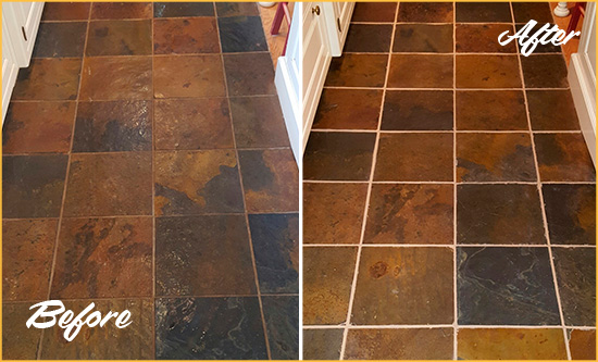 Before and After Picture of Slate Floor Grout Cleaned to Remove Dirt