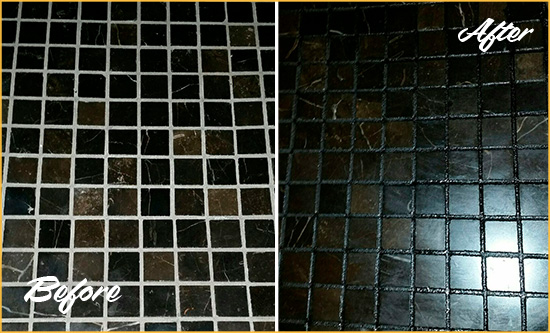 Before and After Picture of a Goodyear Black Floor with Recolored Grout