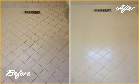 Before and After Picture of a Tolleson White Bathroom Floor Grout Sealed for Extra Protection