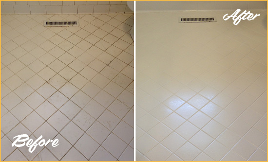 Before and After Picture of a Fountain Hills White Bathroom Floor Grout Sealed for Extra Protection