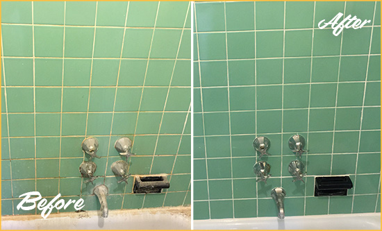 Before and After Picture of a Wickenburg Bath Tub Grout Sealed to Avoid Water Damage