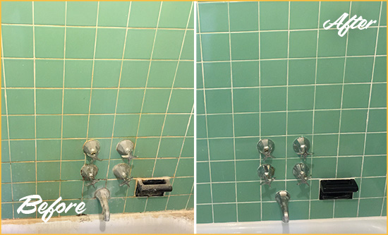 Before and After Picture of a Surprise Bath Tub Grout Sealed to Avoid Water Damage