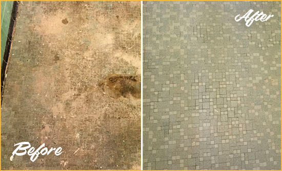 Before and After Picture of a Goodyear Mosaic Shower Cleaned to Eliminate Embedded Dirt