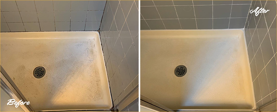 Shower Floor and Walls Before and After a Service from Our Tile and Grout Cleaners in Tempe