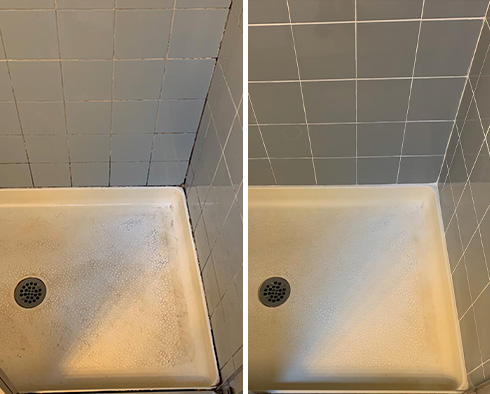 Shower Floor and Walls Before and After a Service from Our Tile and Grout Cleaners in Tempe