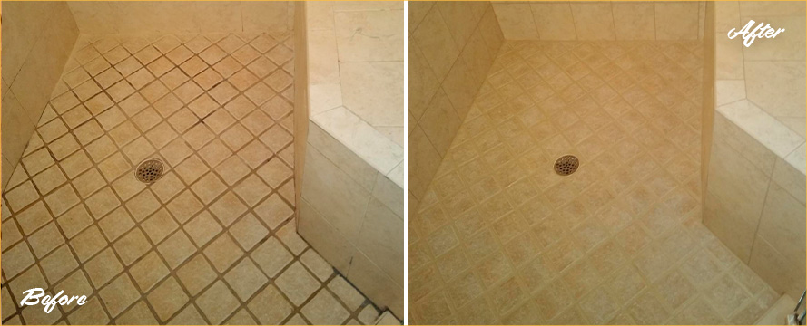 Master Shower Before and After Our Tile and Grout Cleaners in Mesa, AZ