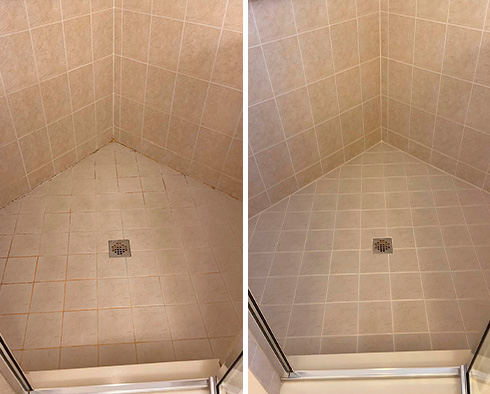 Shower Before and After a Grout Recoloring in Mesa, AZ