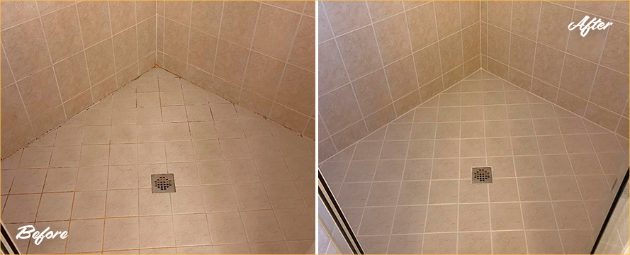 Shower Before and After a Flawless Grout Recoloring in Mesa, AZ