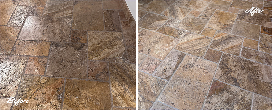 Travertine Floor Before and After a Sotne Cleaning in Gilbert, AZ