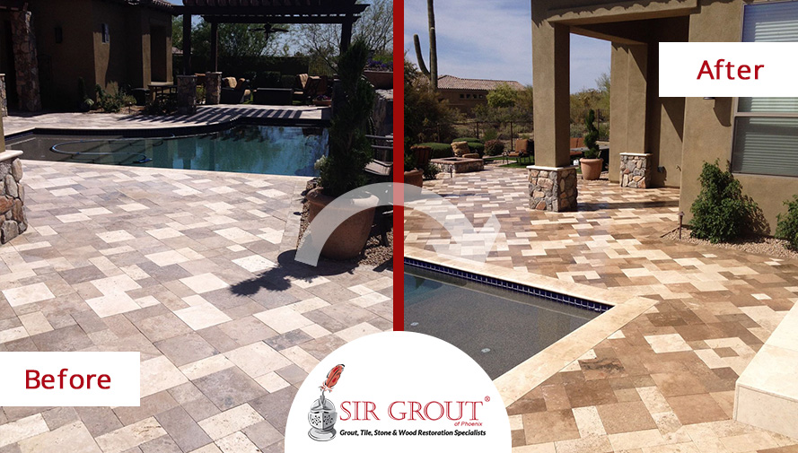 Before and After Pictures of a Stone Sealing in a Pool Area in Scottsdale, Arizona