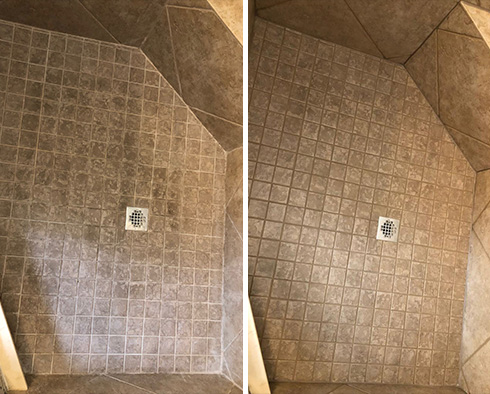 Shower Floor Before and After a Service from Our Tile and Grout Cleaners in Scottsdale