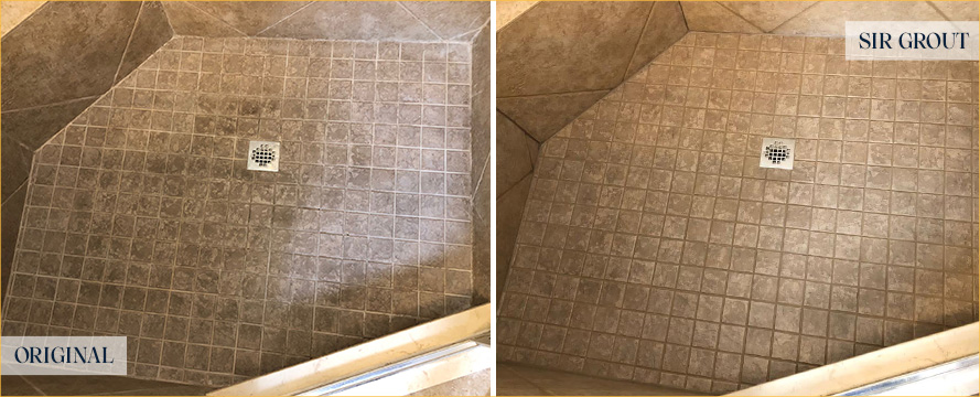 Shower Floor Before and After a Service from Our Tile and Grout Cleaners in Scottsdale