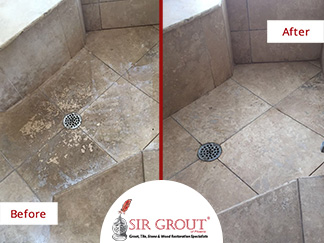 Before and After Picture of Travertine Floor Completely Renovated After a Tile Cleaning service in Scottsdale.
