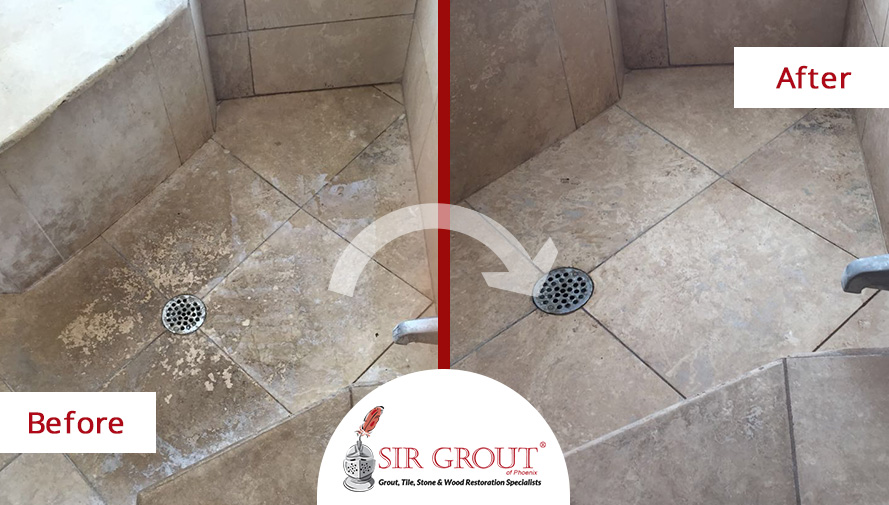 Before and After Picture of a Beautiful Travertine Shower Floor that Came Back to Life Thanks to a Tile Cleaning Service in Scottsdale, AZ