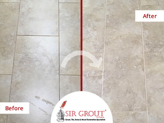 Before and After Picture of a Tile Grout Cleaning and Recoloring Service in Phoenix