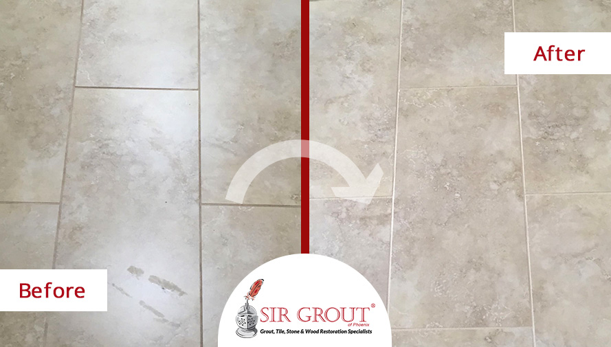 Before and After Picture of a Tile Grout Cleaning and Recoloring Service in Phoenix