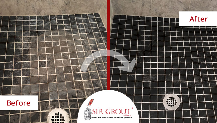 Before and After Picture of a Marble Shower Stone Cleaning Service in Tempe, Arizona