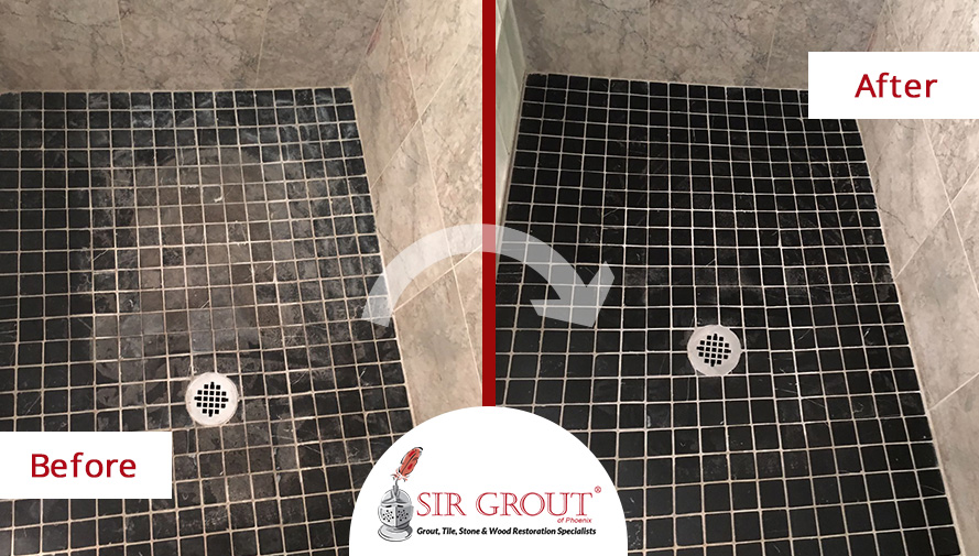 Before and After Picture of a Marble Shower Stone Cleaning in Tempe, Arizona