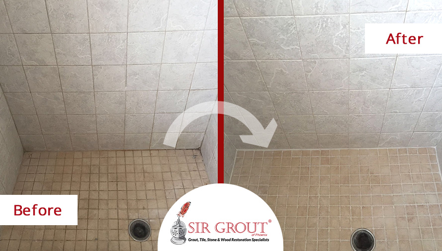 Before and After Picture of a Shower's Grout Cleaning in Mesa, Arizona