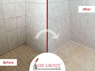 Before and After Picture of a Shower's Grout Cleaning Service in Mesa, Arizona
