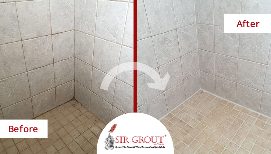 Before and After Picture of a Shower's Grout Cleaning Service in Mesa, Arizona