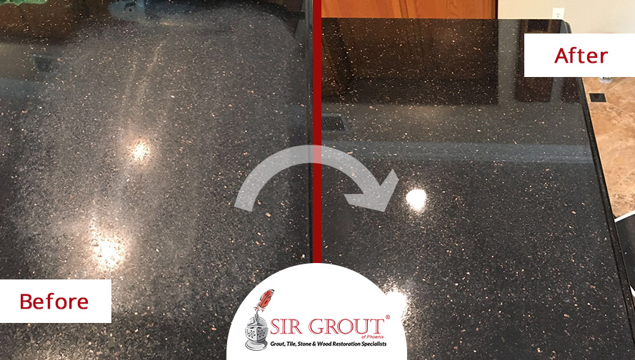 Before and After Picture of a Stone Honing Service on a Granite Countertop in Tempe Arizona