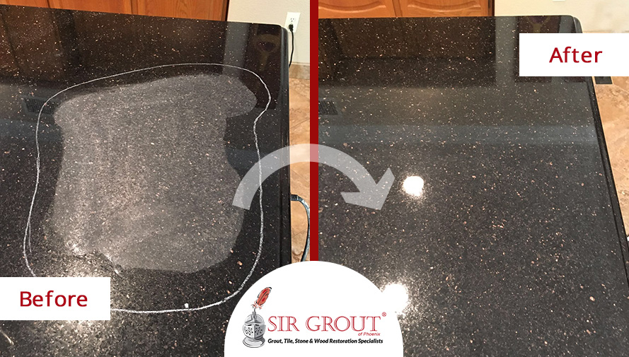 Before and After Picture of a Stone Honing on a Granite Countertop in Tempe Arizona