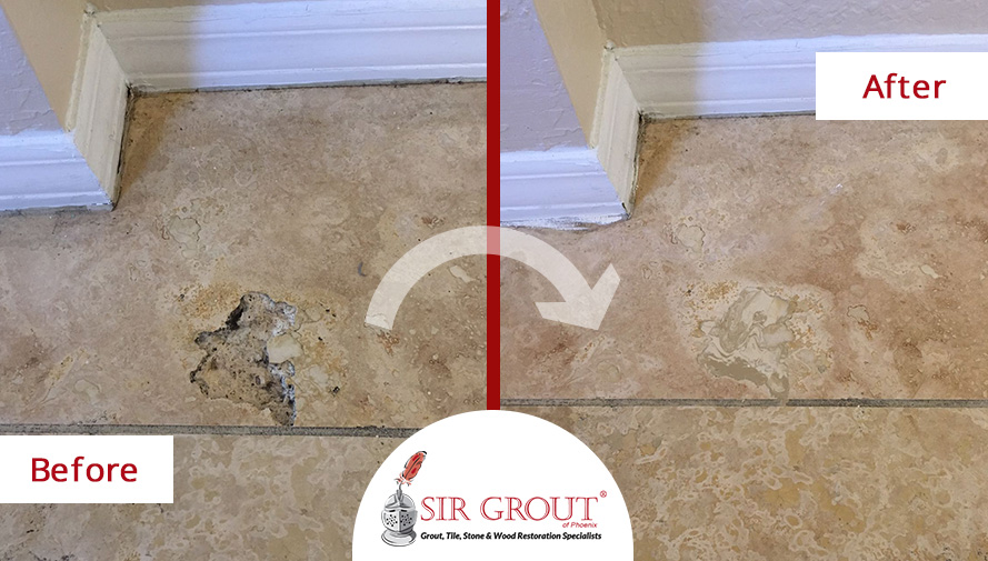 Before and After Picture of a Travertine Stone Cleaning in Mesa, Arizona
