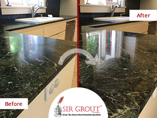 Before and After Picture of a Serpentine Marble Countertop Stone Polishing Service in Phoenix, Arizona