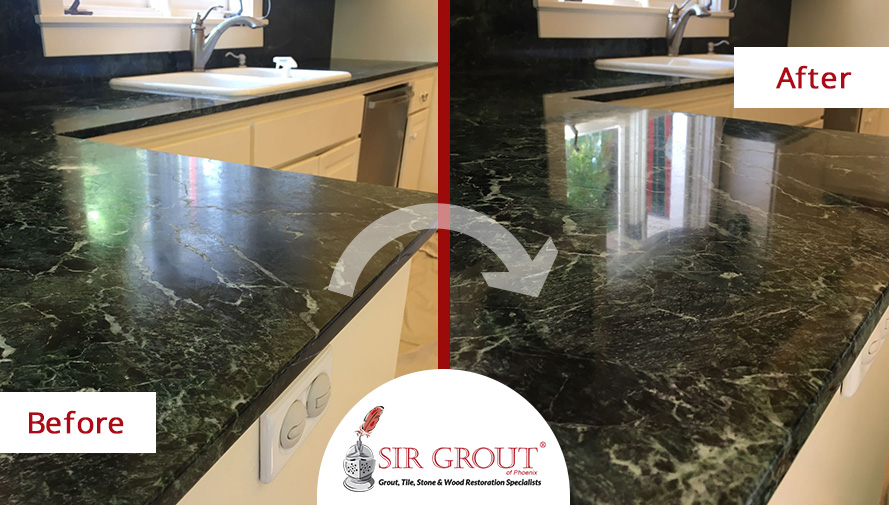 Before and After Picture of a Serpentine Marble Countertop Stone Polishing Service in Phoenix, Arizona