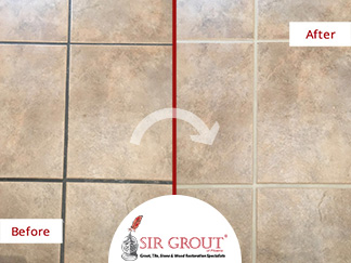 Before and After Picture of a Kitchen Floor Grout Recoloring Service in Tempe, Arizona