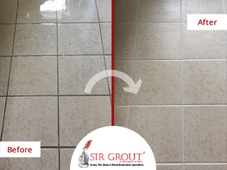 Before and After Picture of a Kitchen Floor Grout Cleaning Service in Chandler, Arizona