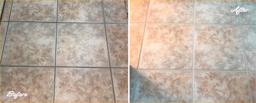 Before and After Picture of a Hallway Floor after a Grout Cleaning Job in Scottsdale, AZ
