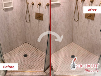 Shower Floor Before and After a Grout Cleaning Service in Mesa