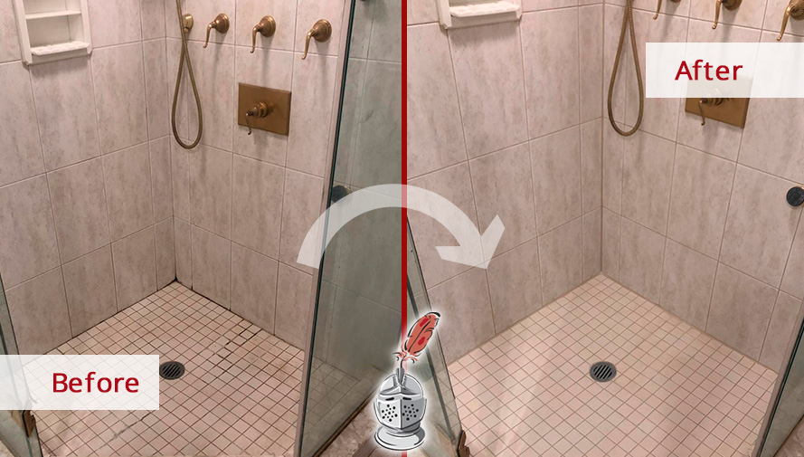 Shower Floor Before and After a Grout Cleaning Service in Mesa